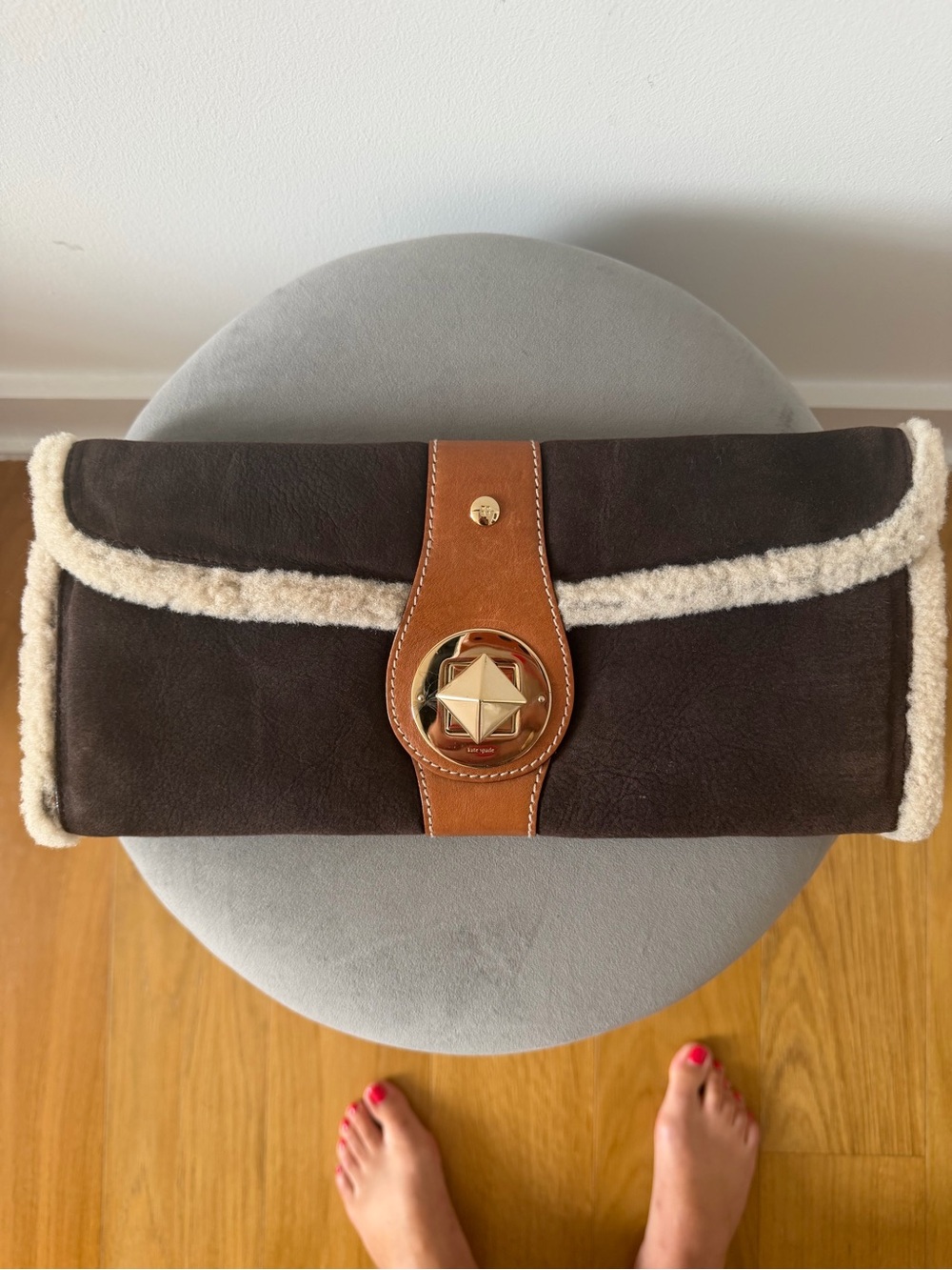 Kate Spade Shearling-Trim Suede Clutch with Gold Accent